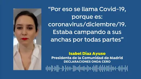 Isabel Díaz Ayuso afirma que la "d" de Covid-19 significa que el coronavirus lleva "campando a sus anchas desde diciembre" Isabel Díaz Ayuso afirma que la "d" de Covid-19 significa que el coronavirus lleva "campando a sus anchas desde diciembre"