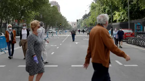 Varias personas caminan por una de las calles peatonalizadas de Madrid madrid