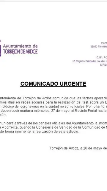 Comunicado test Torrejón ok Comunicado test Torrejón ok