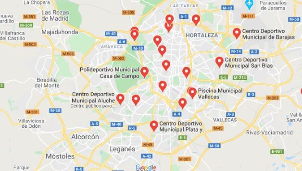 Mapa de las piscinas municipales de Madrid