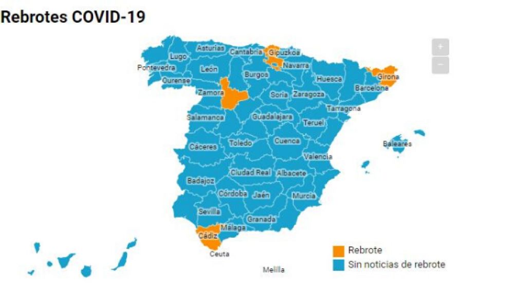 Mapa de los rebrotes en España jueves 18 junio