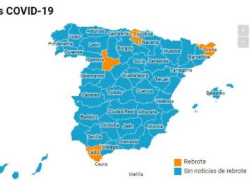 Mapa de los rebrotes en España jueves 18 junio