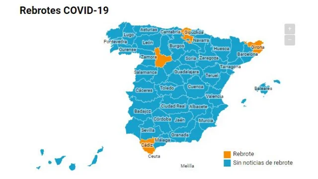 Mapa de los rebrotes en Espa&ntilde;a jueves 18 junio