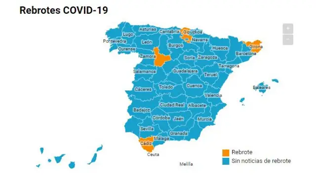 Mapa de los rebrotes en España jueves 18 junio Mapa de los rebrotes en España jueves 18 junio