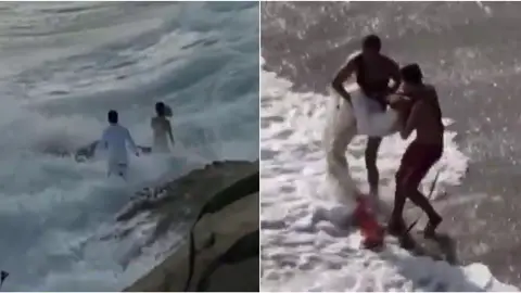 Rescatan a unos novios tras ser engullidos por el océano en plena sesión de fotos de boda Rescatan a unos novios tras ser engullidos por el océano en plena sesión de fotos de boda