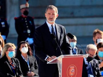 El rey Felipe VI, durante su discurso en el homenaje de Estado por el coronavirus