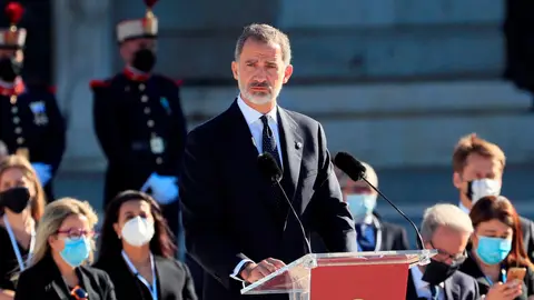 El rey Felipe VI, durante su discurso en el homenaje de Estado por el coronavirus El rey Felipe VI, durante su discurso en el homenaje de Estado por el coronavirus