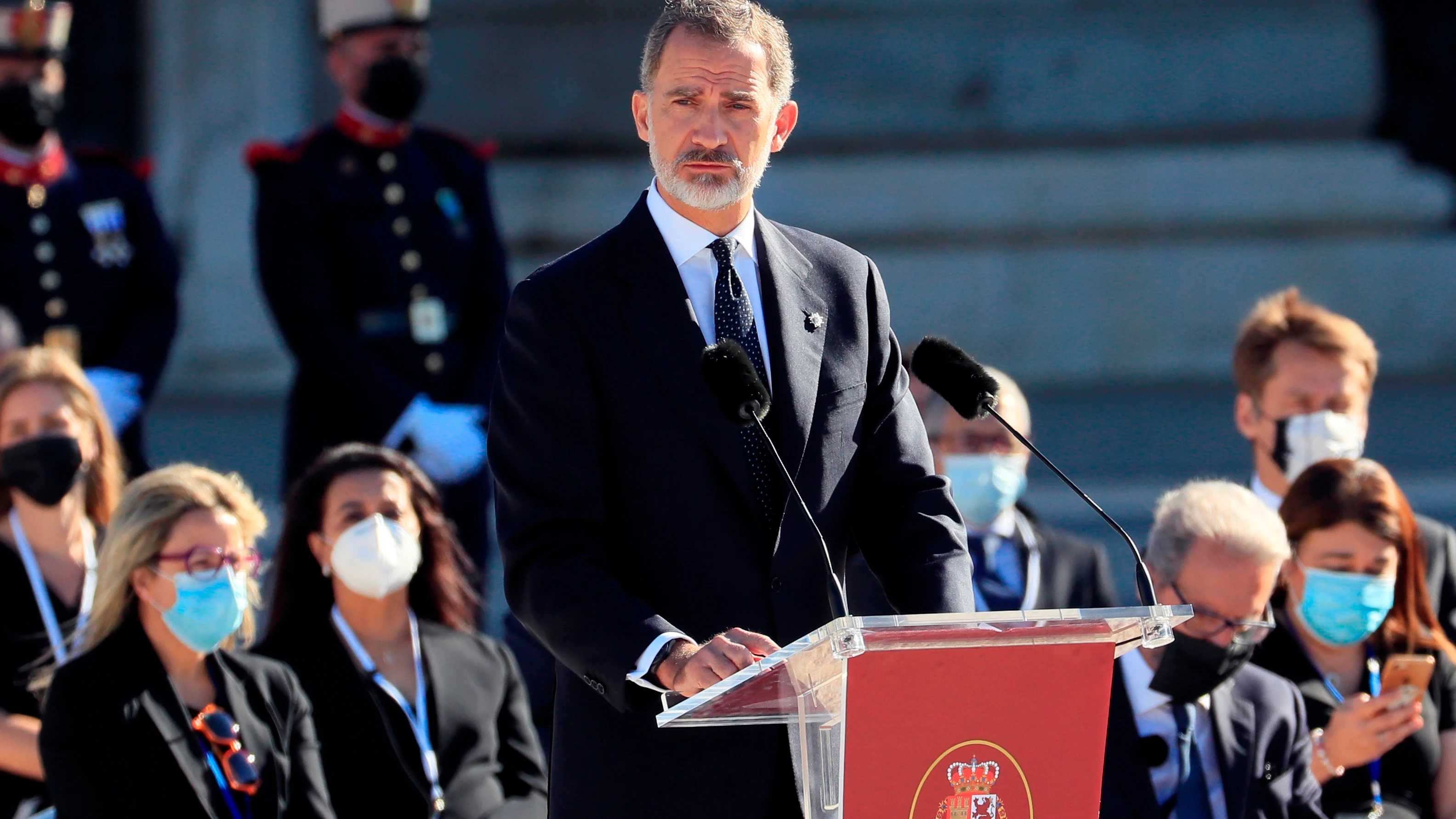 El rey Felipe VI, durante su discurso en el homenaje de Estado por el coronavirus El rey Felipe VI, durante su discurso en el homenaje de Estado por el coronavirus