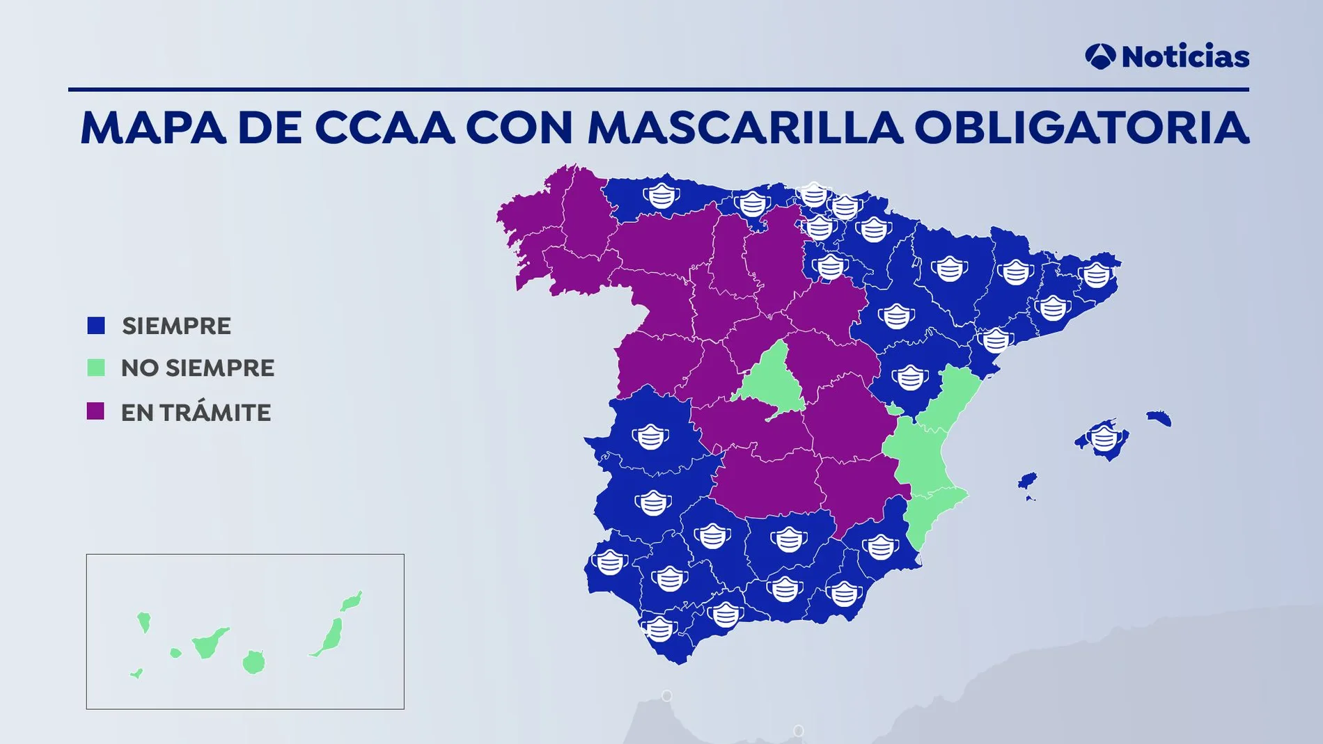 Mapa de las comunidades donde la mascarilla contra el coronavirus es obligatoria Mapa de las comunidades donde la mascarilla contra el coronavirus es obligatoria