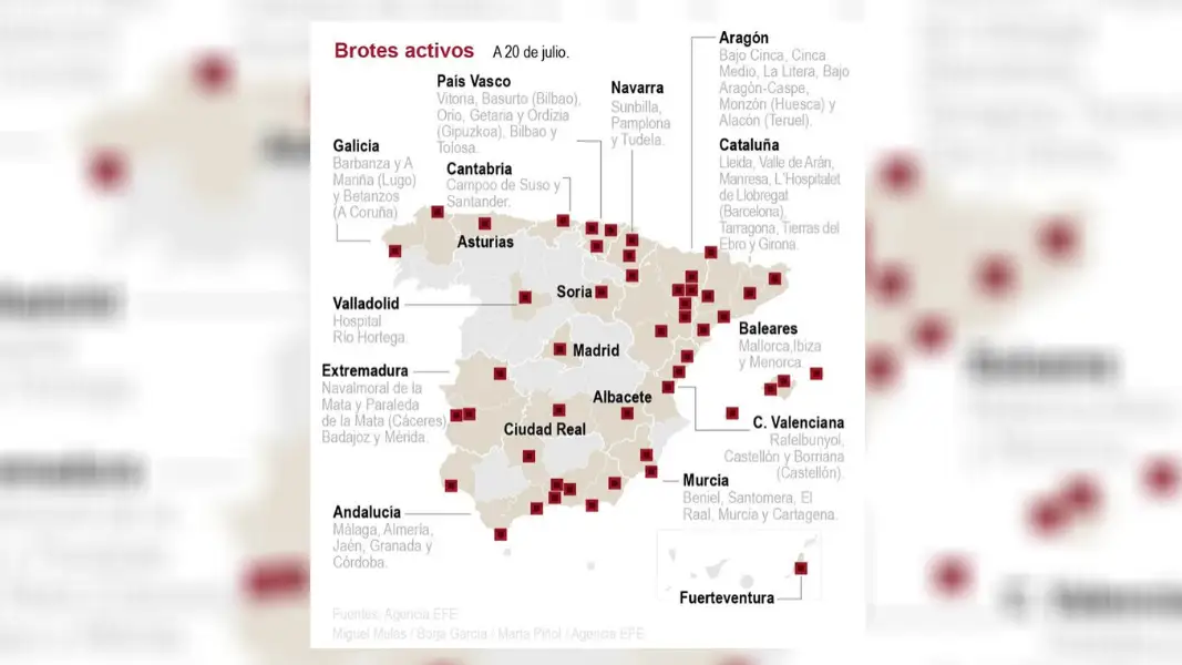 Mapa de rebrotes de coronavirus en España - A 20 de julio Mapa de rebrotes de coronavirus en España - A 20 de julio