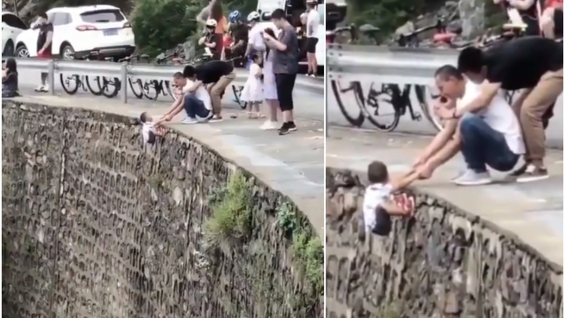 Un padre coloca a su hijo en un precipicio para hacerle fotos Un padre coloca a su hijo en un precipicio para hacerle fotos