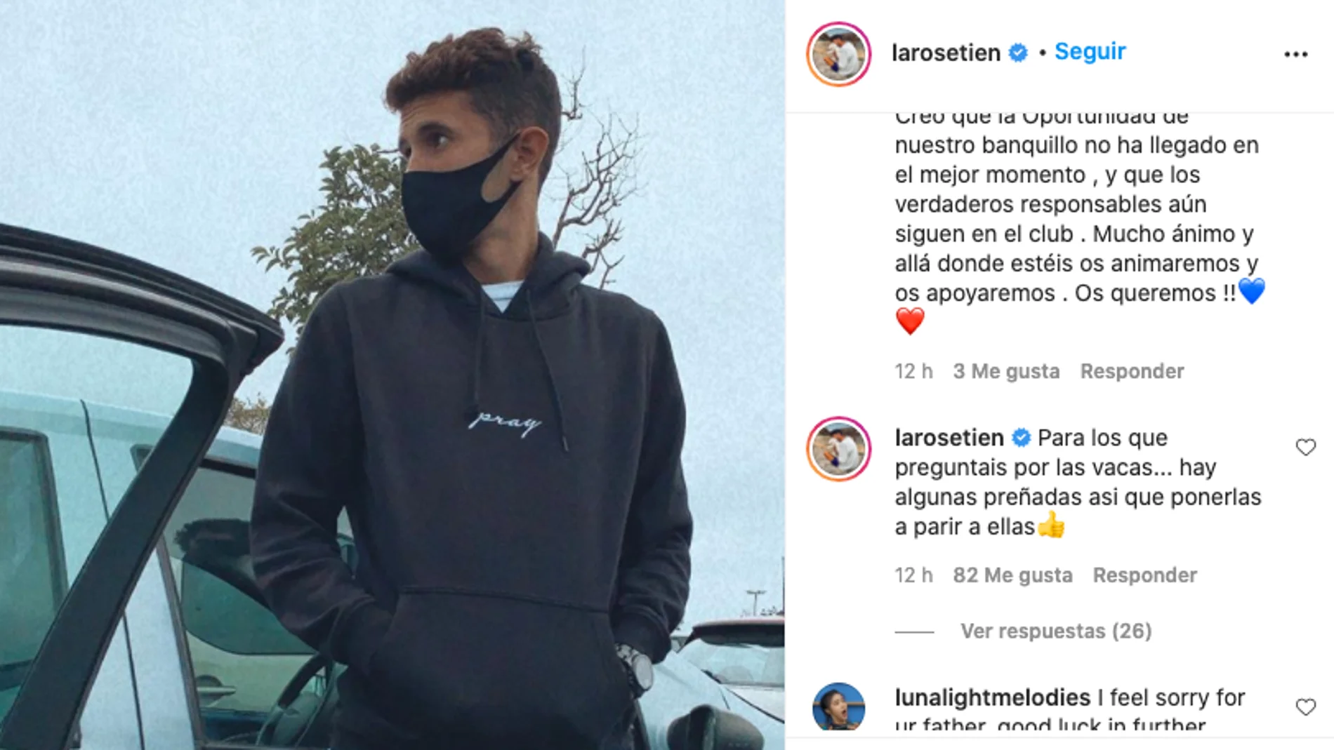 Publicación del hijo de Quique Setién en su cuenta de Instagram Publicación del hijo de Quique Setién en su cuenta de Instagram