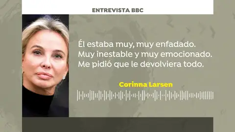 Corinna Larsen, la examiga del rey Juan Carlos a la BBC: "Él estaba muy muy enfadado. Me pidió que le devolviera todo" Corinna Larsen, la examiga del rey Juan Carlos a la BBC: "Él estaba muy muy enfadado. Me pidió que le devolviera todo"