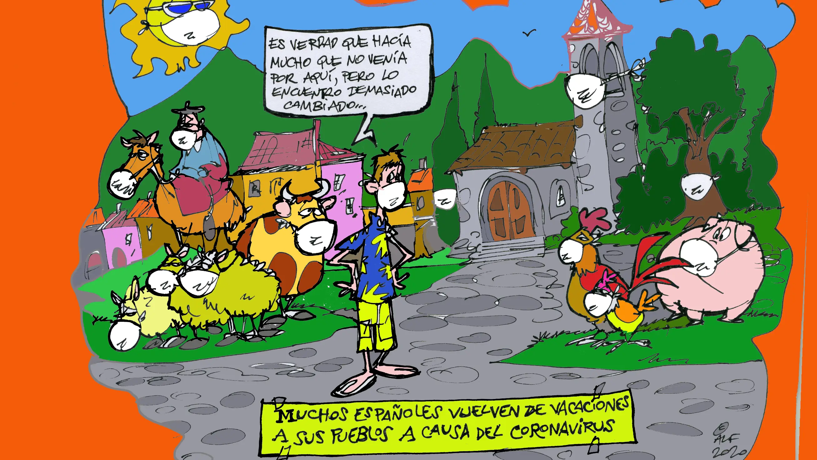 El retorno a los pueblos en el verano del coronavirus, en la viñeta gráfica de Alfredo Boto-Hervás El retorno a los pueblos en el verano del coronavirus, en la viñeta gráfica de Alfredo Boto-Hervás