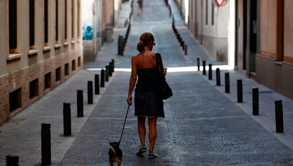 Una mujer pasea con su perro por una calle desierta del centro de Madrid