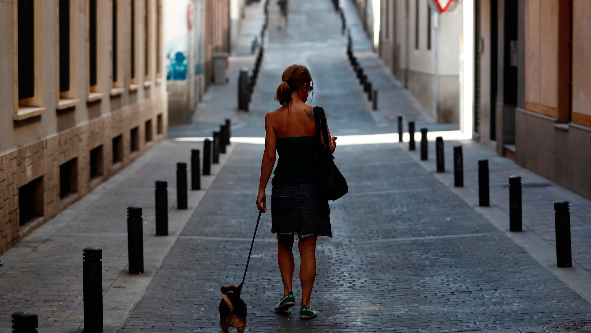 Una mujer pasea con su perro por una calle desierta del centro de Madrid Una mujer pasea con su perro por una calle desierta del centro de Madrid