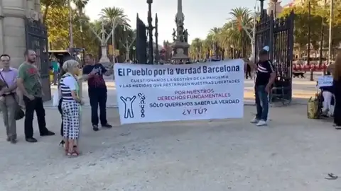 Negacionistas del coronavirus se manifiestan sin mascarillas en el Parque Ciutadella (Barcelona) Negacionistas del coronavirus se manifiestan sin mascarillas en el Parque Ciutadella (Barcelona)
