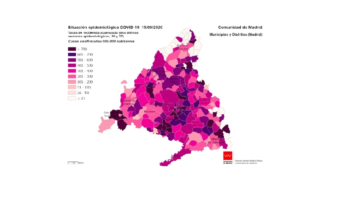 Mapa con la situación epidemiológica del coronavirus en la Comunidad de Madrid Mapa con la situación epidemiológica del coronavirus en la Comunidad de Madrid