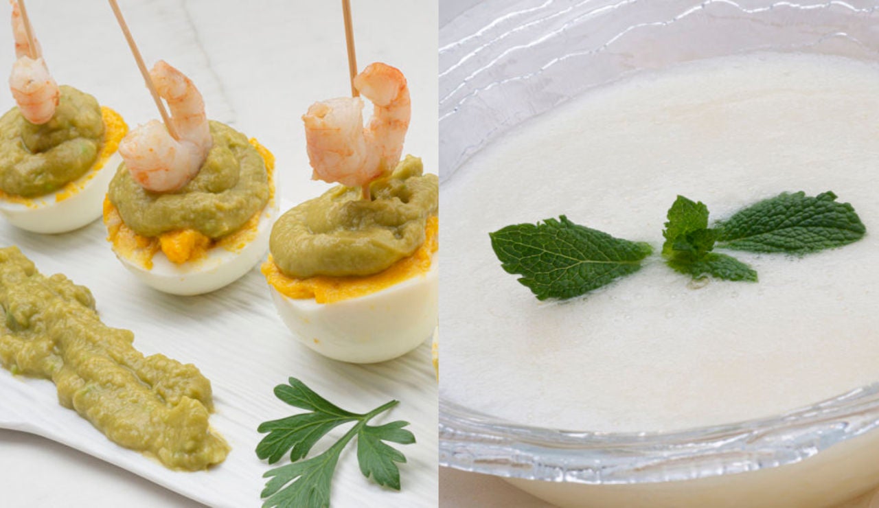 Huevos rellenos de guacamole y gambas y batido de melón Huevos rellenos de guacamole y gambas y batido de melón