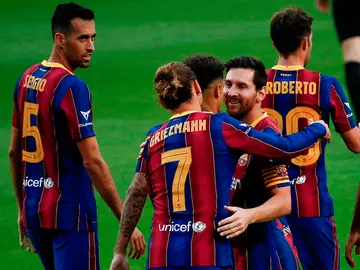 Los jugadores del Barcelona celebran el gol de Griezmann Los jugadores del Barcelona celebran el gol de Griezmann