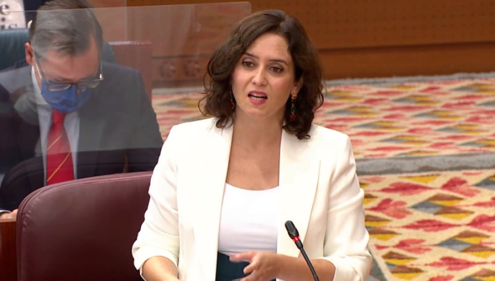 La presidenta de la Comunidad de Madrid, ,Isabel Diaz Ayuso, durante su intervención en la asamblea de Madrid