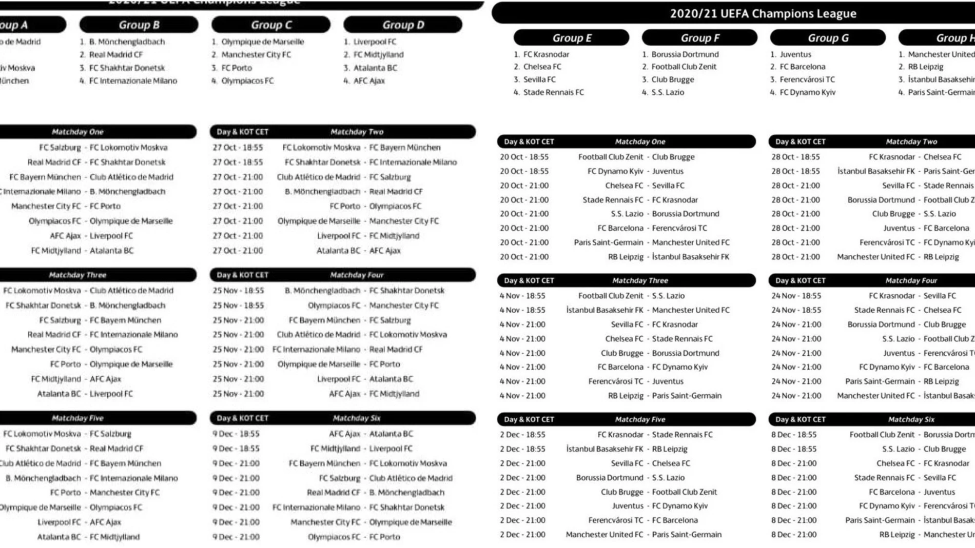 Calendario de la fase de grupos de la Champions 2020-21 Calendario de la fase de grupos de la Champions 2020-21