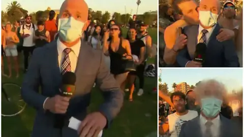 Acosan a un reportero en directo mientras informaba de una fiesta ilegal de jóvenes en Australia Acosan a un reportero en directo mientras informaba de una fiesta ilegal de jóvenes en Australia