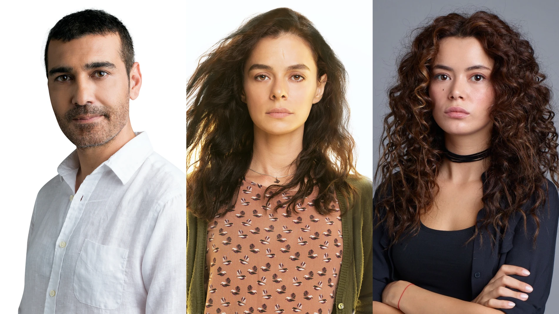 Caner Cindoruk, Özge Özpirinçci y Seray Kaya son Sarp, Bahar y Sirin en 'Mujer'