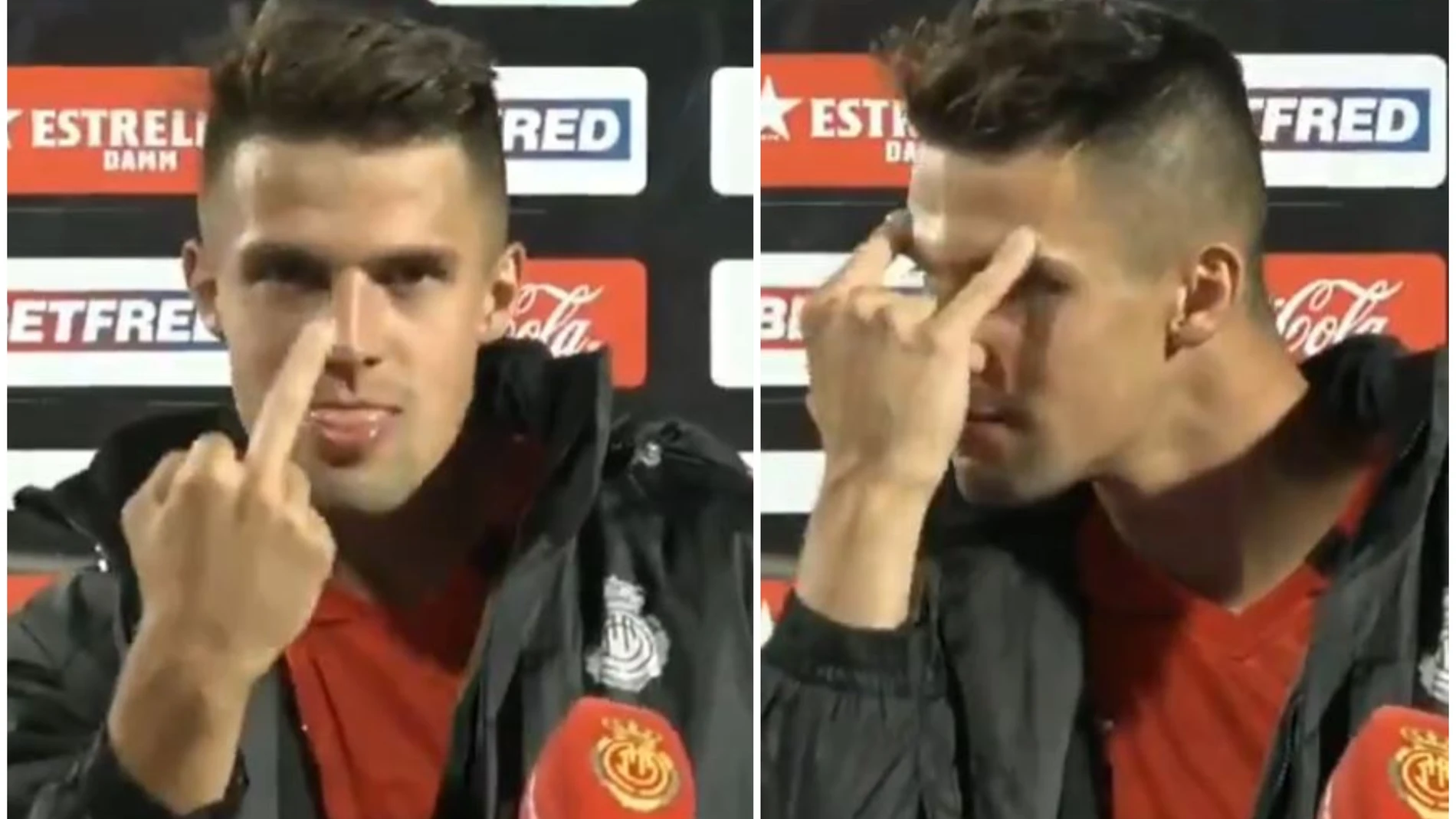 Cazan a un jugador del Mallorca haciendo una peineta antes de una entrevista en directo Cazan a un jugador del Mallorca haciendo una peineta antes de una entrevista en directo