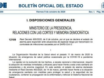 BOE del 9 de octubre de 2020 con el decreto de estado de alarma en Madrid