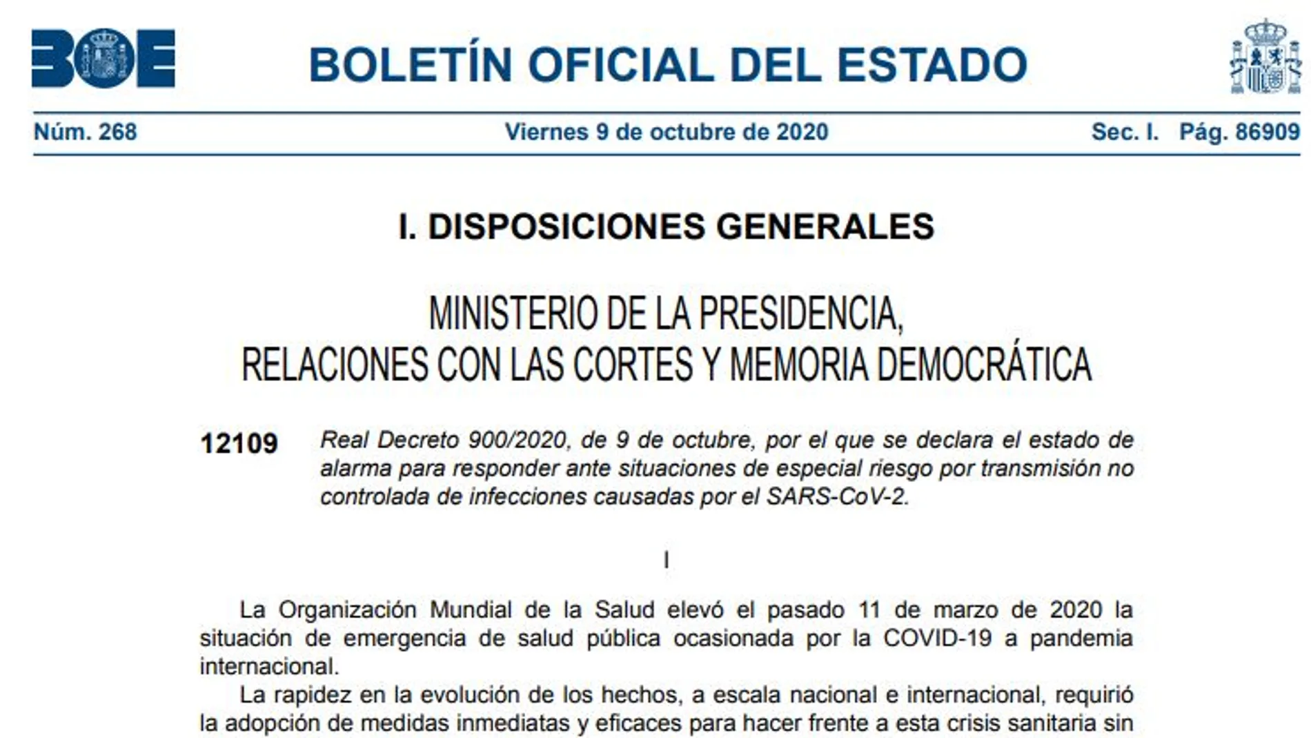 BOE del 9 de octubre de 2020 con el decreto de estado de alarma en Madrid BOE del 9 de octubre de 2020 con el decreto de estado de alarma en Madrid