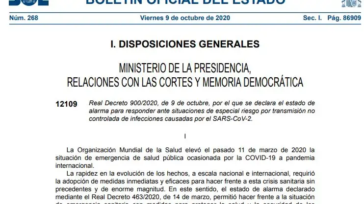 BOE del 9 de octubre de 2020 con el decreto de estado de alarma en Madrid