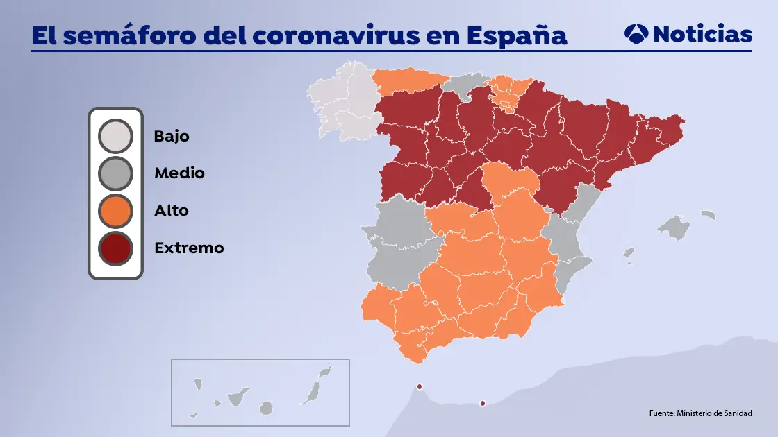 Semáforo del coronavirus: estos son los niveles de alerta en cada comunidad autónoma según lo nuevos criterios de Sanidad Semáforo del coronavirus: estos son los niveles de alerta en cada comunidad autónoma según lo nuevos criterios de Sanidad