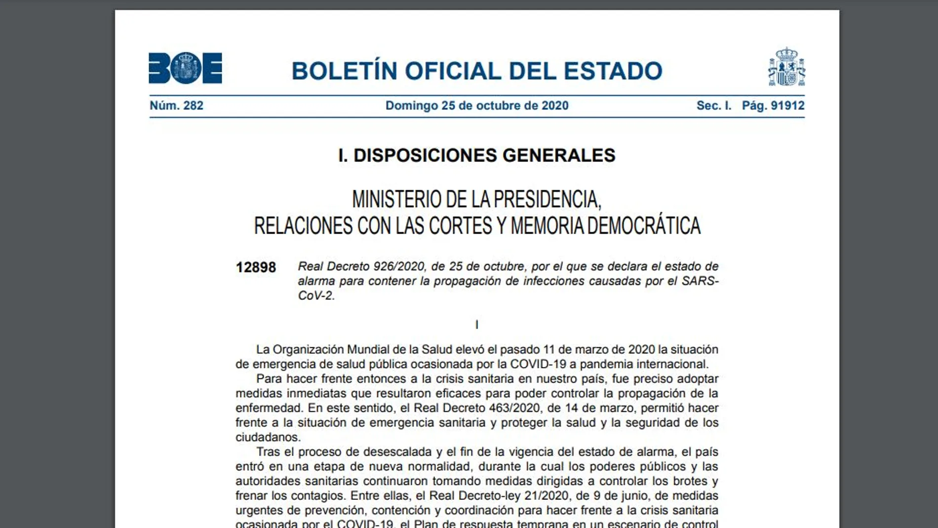 BOE de hoy 25 de octubre sobre el decreto del estado de alarma en España en PDF BOE de hoy 25 de octubre sobre el decreto del estado de alarma en España en PDF