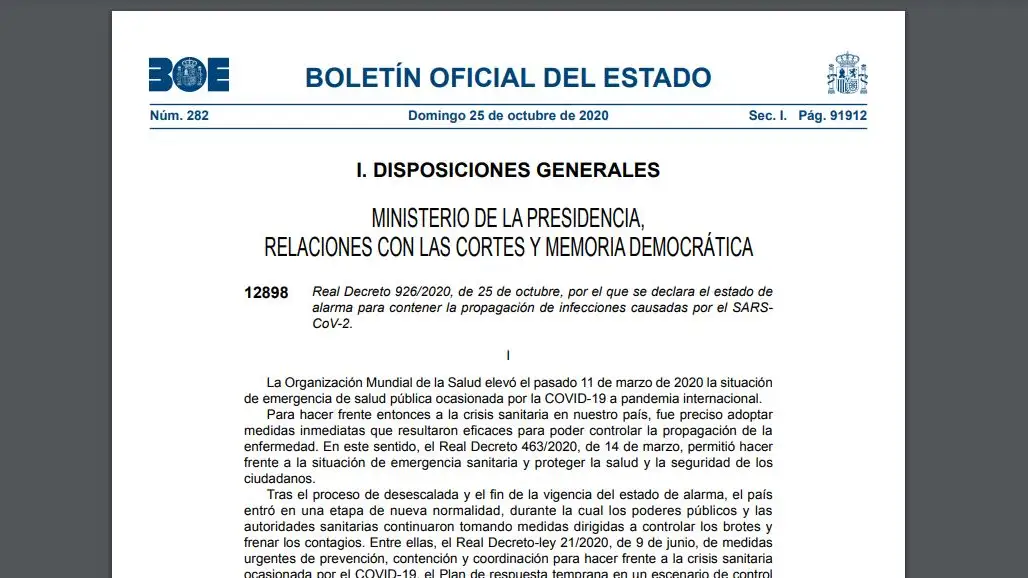 BOE de hoy 25 de octubre sobre el decreto del estado de alarma en España en PDF BOE de hoy 25 de octubre sobre el decreto del estado de alarma en España en PDF