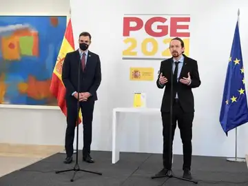 Pedro Sánchez y Pablo Iglesias durante la presentación del proyecto de Presupuestos Generales del Estado 2021 Pedro Sánchez y Pablo Iglesias durante la presentación del proyecto de Presupuestos Generales del Estado 2021