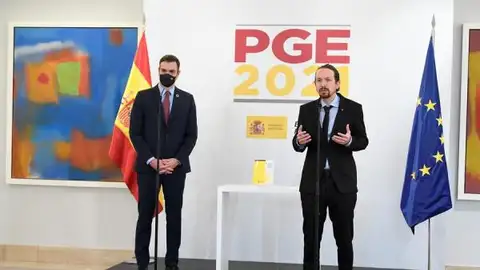 Pedro Sánchez y Pablo Iglesias durante la presentación del proyecto de Presupuestos Generales del Estado 2021 Pedro Sánchez y Pablo Iglesias durante la presentación del proyecto de Presupuestos Generales del Estado 2021