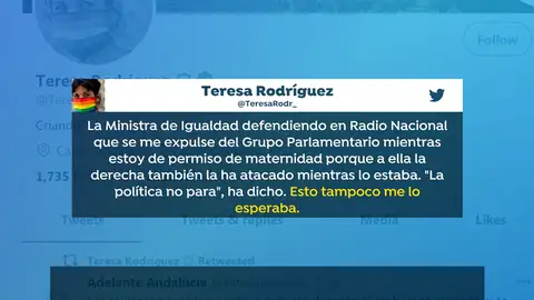 Irene Montero y Teresa Rodríguez se enzarzan por la expulsión de la andaluza del grupo parlamentario en su baja maternal Irene Montero y Teresa Rodríguez se enzarzan por la expulsión de la andaluza del grupo parlamentario en su baja maternal