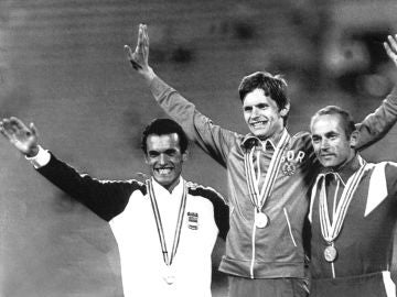 Jordi Llopart, en el podio de Moscú 1980