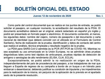 BOE de hoy 12 de noviembre con la lista de países a los que España exige una prueba PCR en PDF