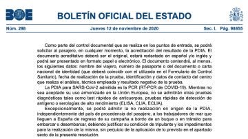 BOE de hoy 12 de noviembre con la lista de países a los que España exige una prueba PCR en PDF