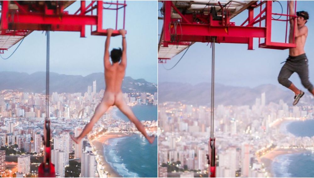 El 'idiota profesional' se juega la vida para hacerse una foto desnudo colgado de una grúa a 200 metros de altura