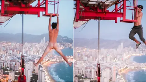 El 'idiota profesional' se juega la vida para hacerse una foto desnudo colgado de una grúa a 200 metros de altura El 'idiota profesional' se juega la vida para hacerse una foto desnudo colgado de una grúa a 200 metros de altura