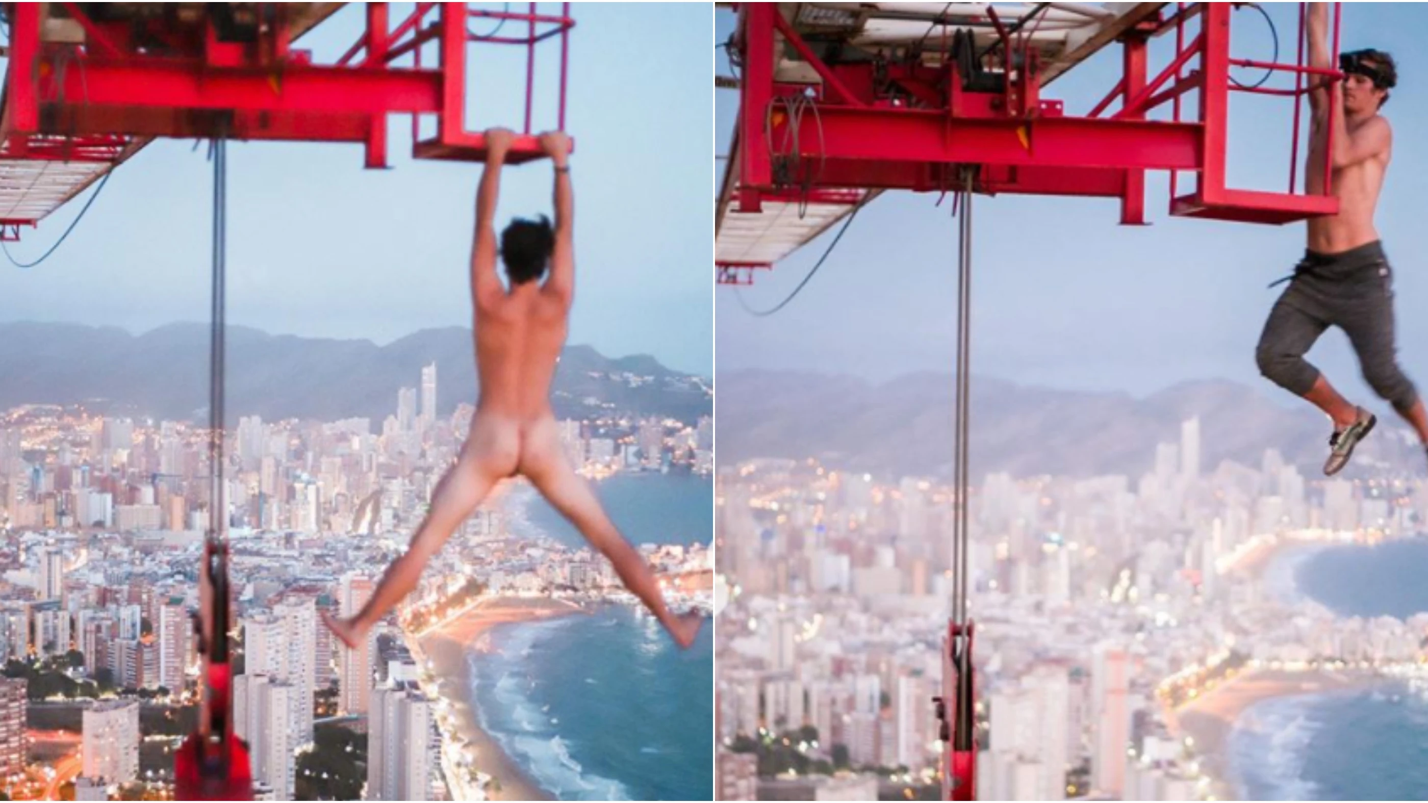 El 'idiota profesional' se juega la vida para hacerse una foto desnudo colgado de una grúa a 200 metros de altura El 'idiota profesional' se juega la vida para hacerse una foto desnudo colgado de una grúa a 200 metros de altura