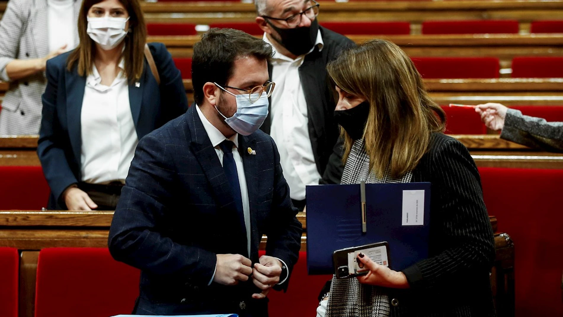 Elecciones catalanas 2021: El presidente en funciones de la Generalitat, Pere Aragonés, y la portavoz, Meritxell Budó Elecciones catalanas 2021: El presidente en funciones de la Generalitat, Pere Aragonés, y la portavoz, Meritxell Budó