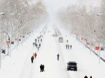 El Paseo de la Castellana de Madrid, cubierto por la nieve