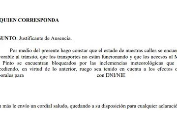 Justificante para no acudir al trabajo por la nieve y el hielo: descarga aquí el documento de varias ciudades de Madrid Justificante para no acudir al trabajo por la nieve y el hielo: descarga aquí el documento de varias ciudades de Madrid