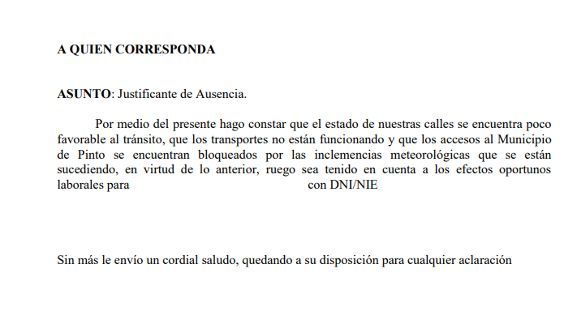 Justificante para no acudir al trabajo por la nieve y el hielo: descarga aquí el documento de varias ciudades de Madrid Justificante para no acudir al trabajo por la nieve y el hielo: descarga aquí el documento de varias ciudades de Madrid
