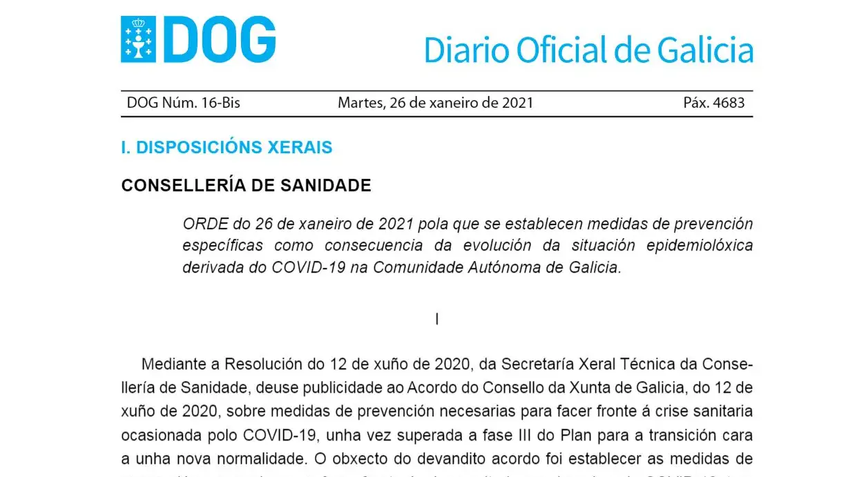 DOG de hoy 27 de enero con las nuevas restricciones de Galicia por el coronavirus en PDF DOG de hoy 27 de enero con las nuevas restricciones de Galicia por el coronavirus en PDF