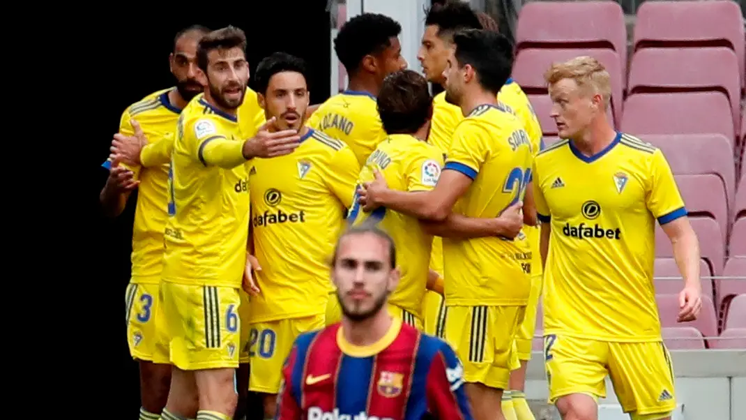 El C&aacute;diz celebra el gol del empate ante el Barcelona